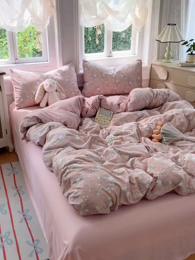 91家纺网 家纺一手货源 找家纺 梦卓家纺 2025新款超柔云感双层纱四件套 花漾甜心