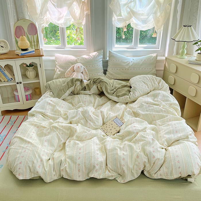 91家纺网 家纺一手货源 找家纺 梦卓家纺 2025新款超柔云感双层纱四件套 木槿绿