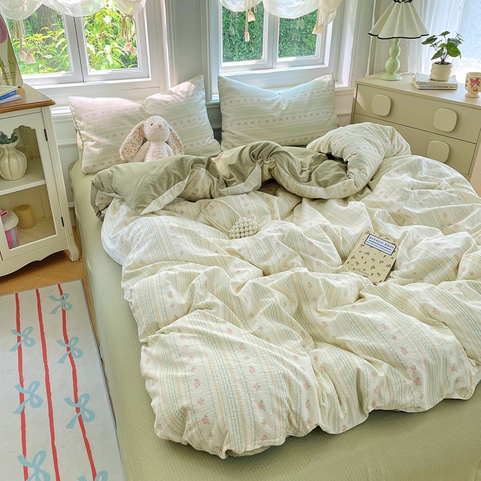 91家纺网 家纺一手货源 找家纺 梦卓家纺 2025新款超柔云感双层纱四件套 木槿绿