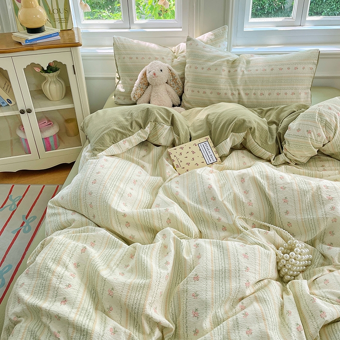 91家纺网 家纺一手货源 找家纺 梦卓家纺 2025新款超柔云感双层纱四件套 木槿绿