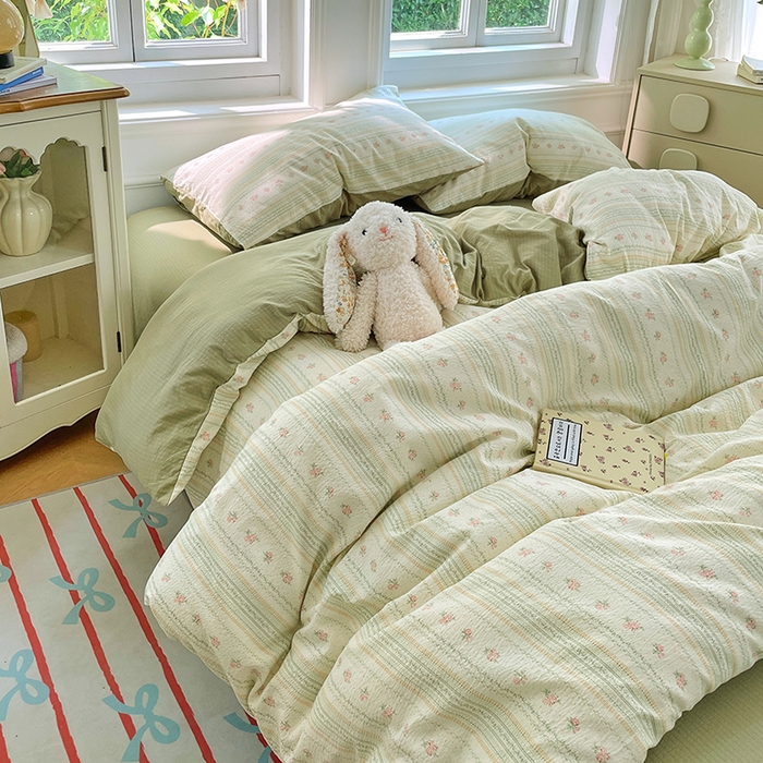 91家纺网 家纺一手货源 找家纺 梦卓家纺 2025新款超柔云感双层纱四件套 木槿绿