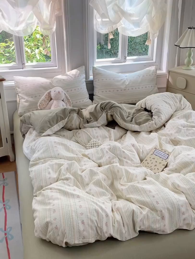 91家纺网 家纺一手货源 找家纺 梦卓家纺 2025新款超柔云感双层纱四件套 木槿绿