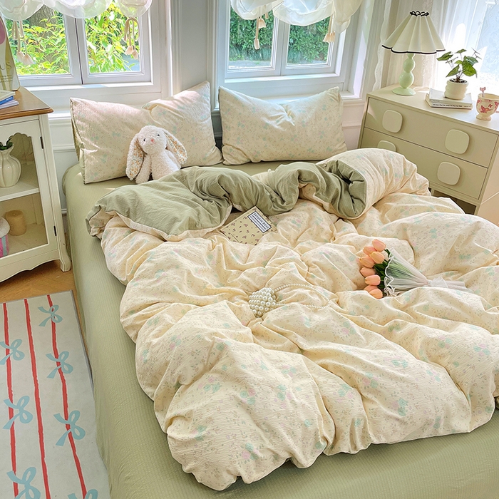 91家纺网 家纺一手货源 找家纺 梦卓家纺 2025新款超柔云感双层纱四件套 奶油薄荷