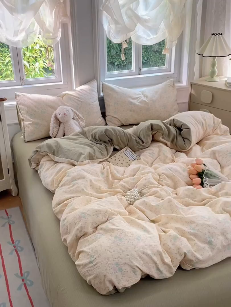 91家纺网 家纺一手货源 找家纺 梦卓家纺 2025新款超柔云感双层纱四件套 奶油薄荷