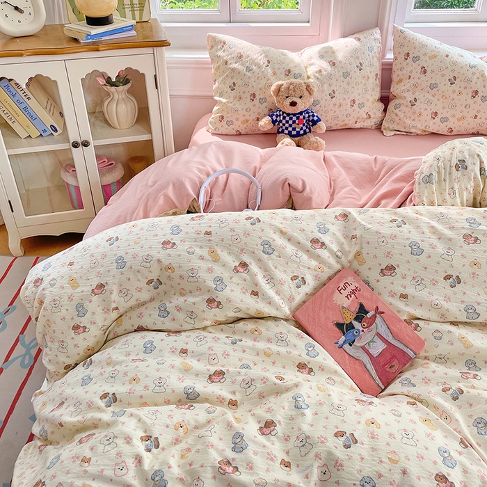 91家纺网 家纺一手货源 找家纺 梦卓家纺 2025新款超柔云感双层纱四件套 泡芙小狗