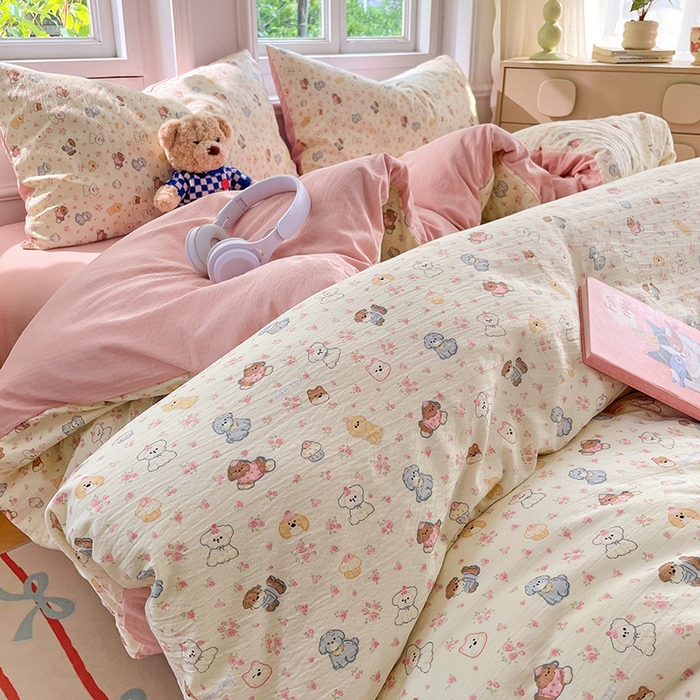 91家纺网 家纺一手货源 找家纺 梦卓家纺 2025新款超柔云感双层纱四件套 泡芙小狗