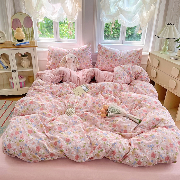 91家纺网 家纺一手货源 找家纺 梦卓家纺 2025新款超柔云感双层纱四件套 桃之夭夭