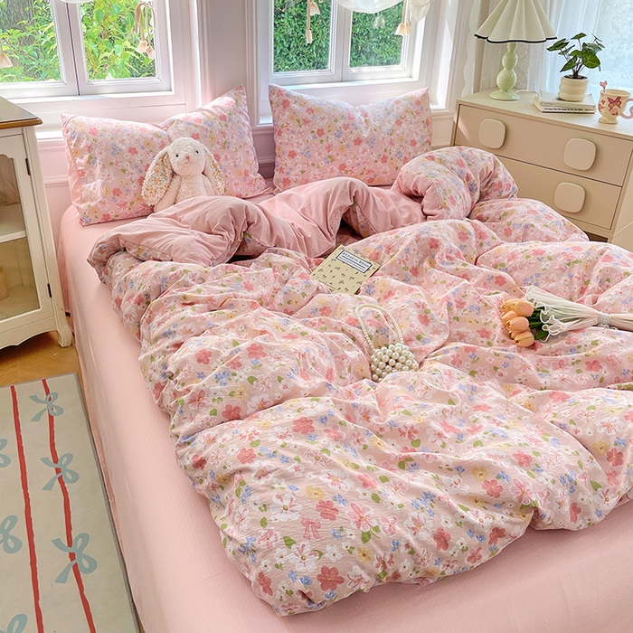 91家纺网 家纺一手货源 找家纺 梦卓家纺 2025新款超柔云感双层纱四件套 桃之夭夭