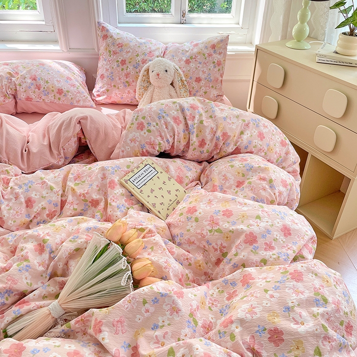 91家纺网 家纺一手货源 找家纺 梦卓家纺 2025新款超柔云感双层纱四件套 桃之夭夭