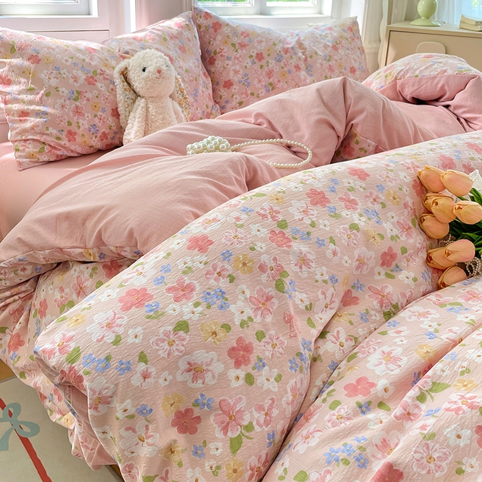 91家纺网 家纺一手货源 找家纺 梦卓家纺 2025新款超柔云感双层纱四件套 桃之夭夭