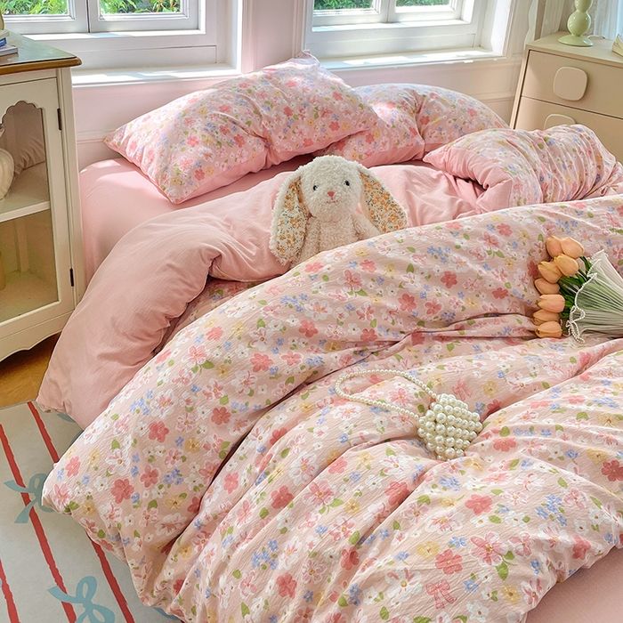 91家纺网 家纺一手货源 找家纺 梦卓家纺 2025新款超柔云感双层纱四件套 桃之夭夭