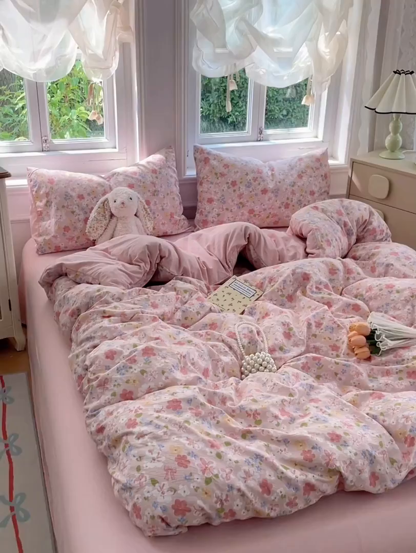 91家纺网 家纺一手货源 找家纺 梦卓家纺 2025新款超柔云感双层纱四件套 桃之夭夭