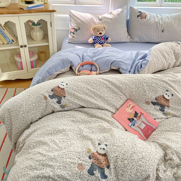 91家纺网 家纺一手货源 找家纺 梦卓家纺 2025新款超柔云感双层纱四件套 熊猫梦想家