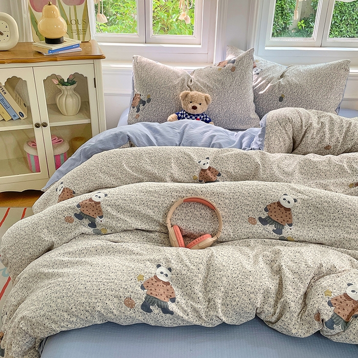 91家纺网 家纺一手货源 找家纺 梦卓家纺 2025新款超柔云感双层纱四件套 熊猫梦想家