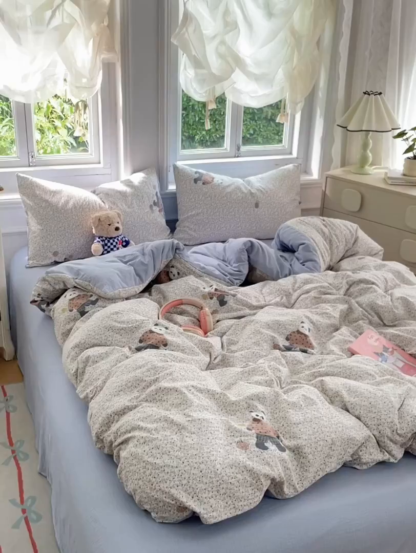 91家纺网 家纺一手货源 找家纺 梦卓家纺 2025新款超柔云感双层纱四件套 熊猫梦想家