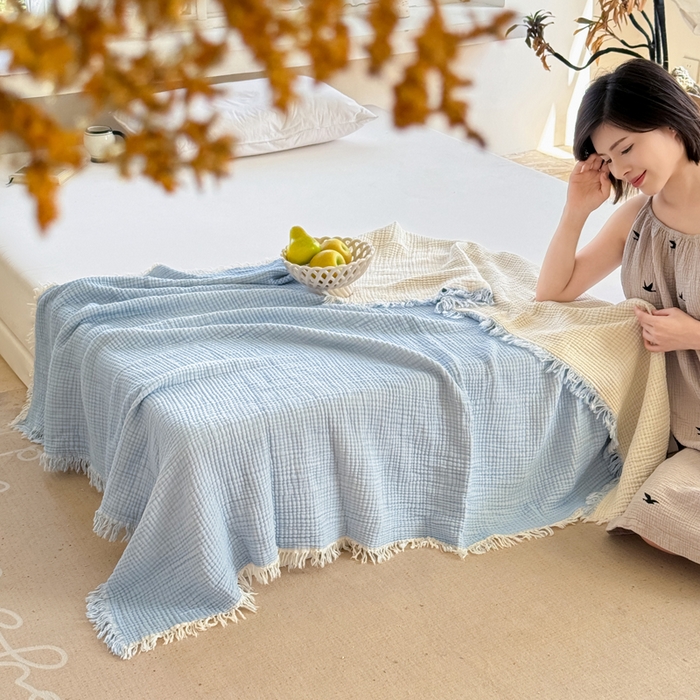 91家纺网 家纺一手货源 找家纺 佰亿莱2026新款全棉四层纱流苏毯纯棉夏被盖毯空调毯 浅蓝色