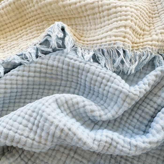 91家纺网 家纺一手货源 找家纺 佰亿莱2026新款全棉四层纱流苏毯纯棉夏被盖毯空调毯 浅蓝色