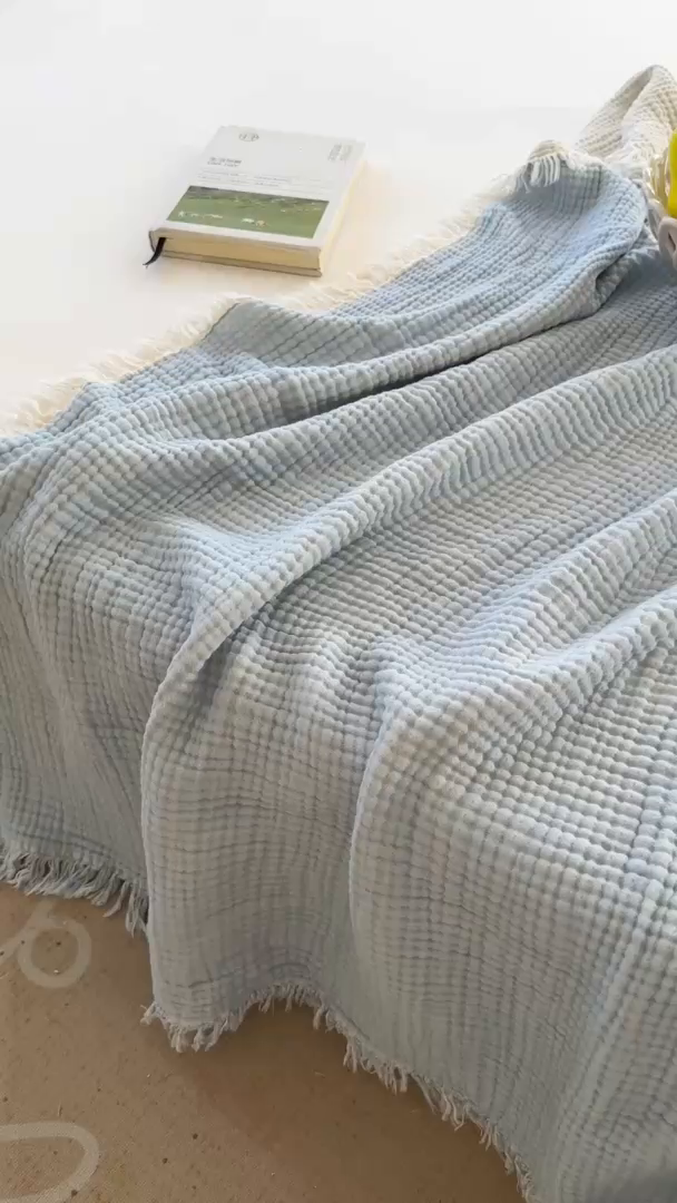91家纺网 家纺一手货源 找家纺 佰亿莱2026新款全棉四层纱流苏毯纯棉夏被盖毯空调毯 浅蓝色