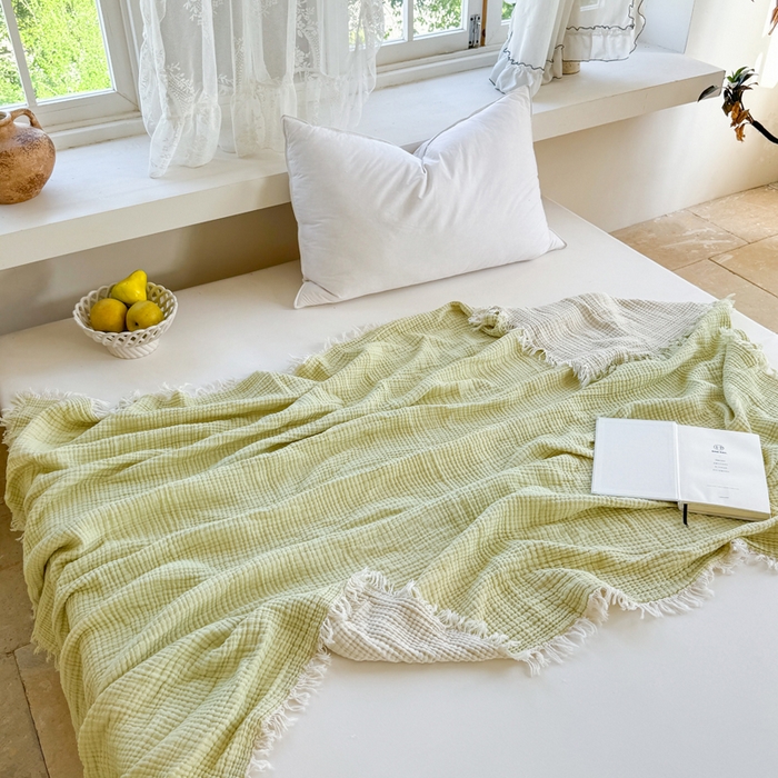 91家纺网 家纺一手货源 找家纺 佰亿莱2026新款全棉四层纱流苏毯纯棉夏被盖毯空调毯 浅绿色