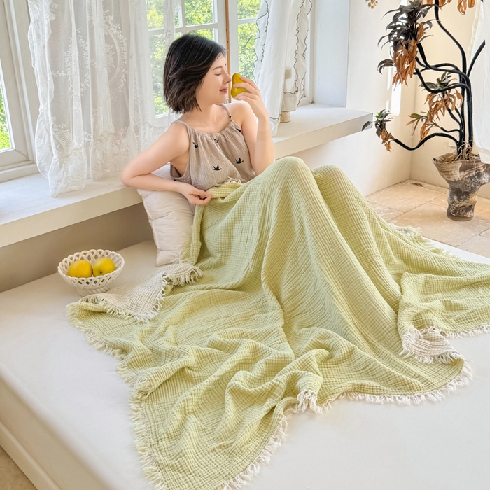 91家纺网 家纺一手货源 找家纺 佰亿莱2026新款全棉四层纱流苏毯纯棉夏被盖毯空调毯 浅绿色
