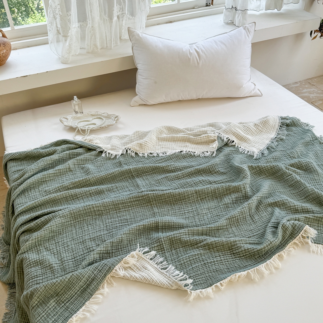 91家纺网 家纺一手货源 找家纺 佰亿莱2026新款全棉四层纱流苏毯纯棉夏被盖毯空调毯 深绿色