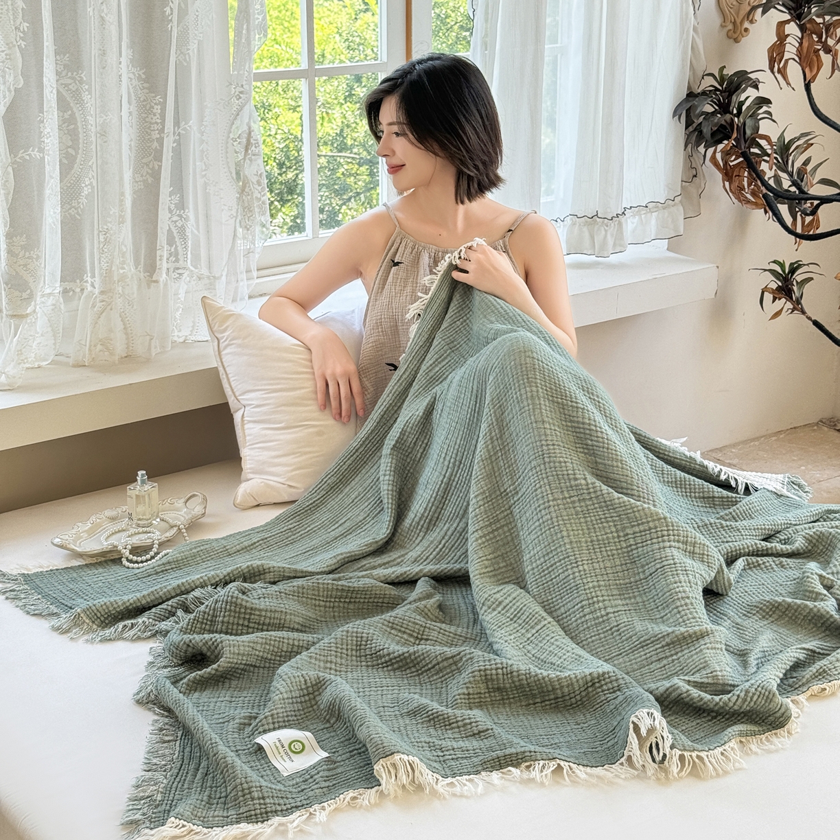 91家纺网 家纺一手货源 找家纺 佰亿莱2026新款全棉四层纱流苏毯纯棉夏被盖毯空调毯 深绿色