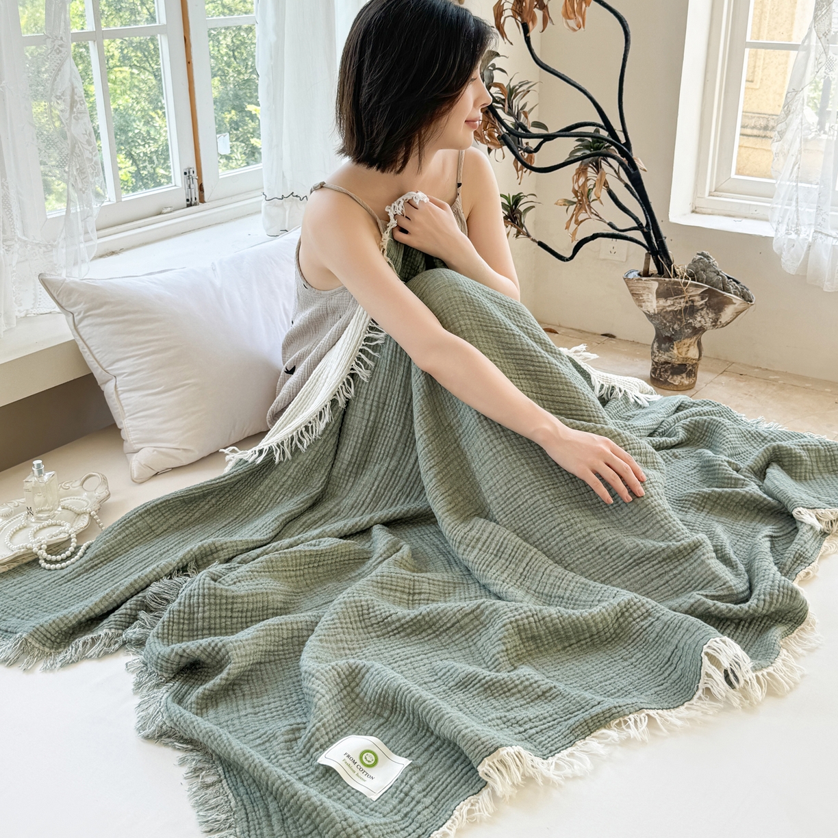 91家纺网 家纺一手货源 找家纺 佰亿莱2026新款全棉四层纱流苏毯纯棉夏被盖毯空调毯 深绿色