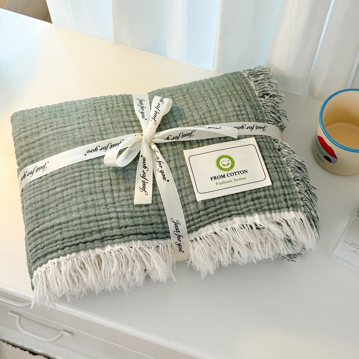 91家纺网 家纺一手货源 找家纺 佰亿莱2026新款全棉四层纱流苏毯纯棉夏被盖毯空调毯 深绿色