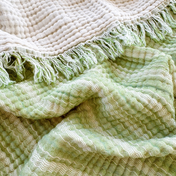 91家纺网 家纺一手货源 找家纺 佰亿莱2026新款全棉四层纱流苏毯纯棉夏被盖毯空调毯 条纹绿