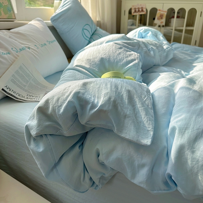 91家纺网 家纺一手货源 找家纺 老K (原美阁） 2025年新款水洗棉刺绣四件套学生季单人床宿舍三件套 蓝色心情