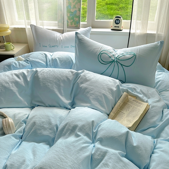 91家纺网 家纺一手货源 找家纺 老K (原美阁） 2025年新款水洗棉刺绣四件套学生季单人床宿舍三件套 蓝色心情