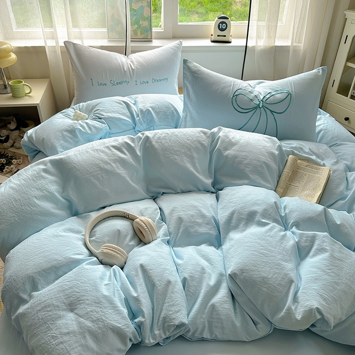 91家纺网 家纺一手货源 找家纺 老K (原美阁） 2025年新款水洗棉刺绣四件套学生季单人床宿舍三件套 蓝色心情