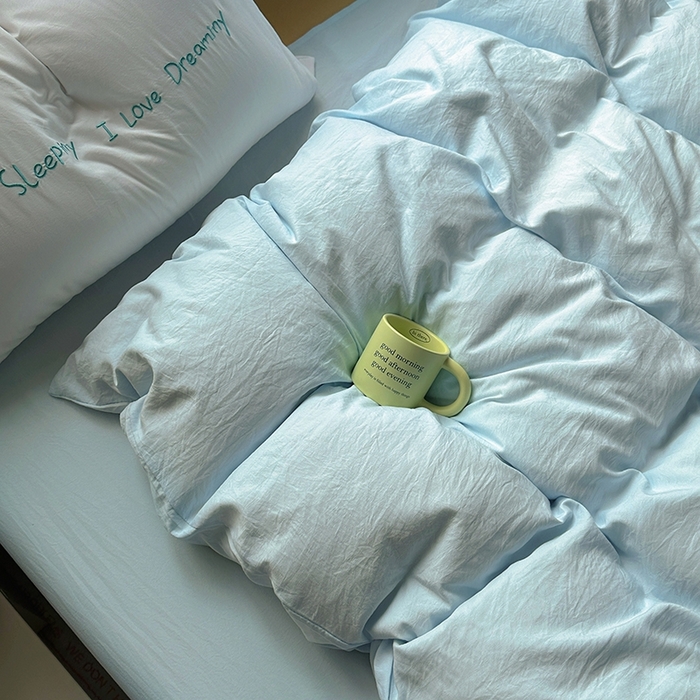 91家纺网 家纺一手货源 找家纺 老K (原美阁） 2025年新款水洗棉刺绣四件套学生季单人床宿舍三件套 蓝色心情