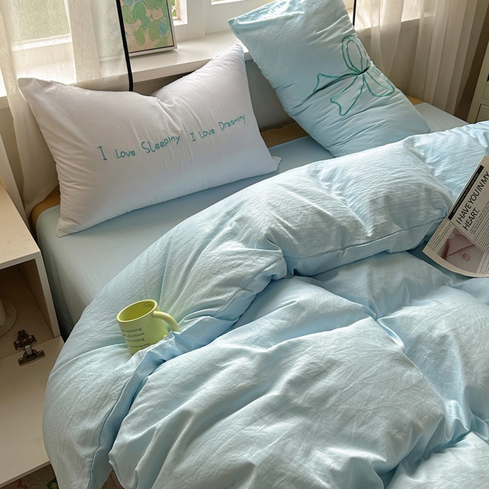 91家纺网 家纺一手货源 找家纺 老K (原美阁） 2025年新款水洗棉刺绣四件套学生季单人床宿舍三件套 蓝色心情