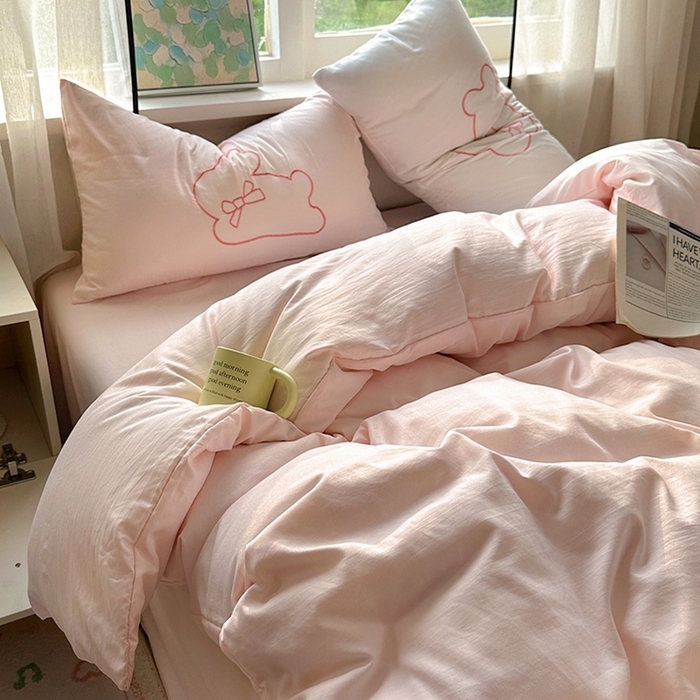 91家纺网 家纺一手货源 找家纺 老K (原美阁） 2025年新款水洗棉刺绣四件套学生季单人床宿舍三件套 兔兔