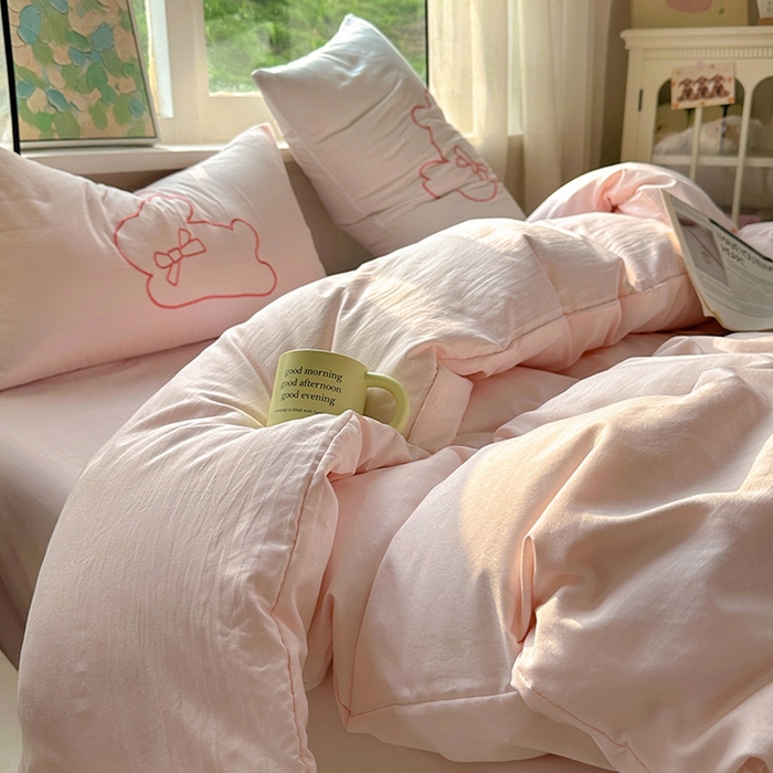 91家纺网 家纺一手货源 找家纺 老K (原美阁） 2025年新款水洗棉刺绣四件套学生季单人床宿舍三件套 兔兔