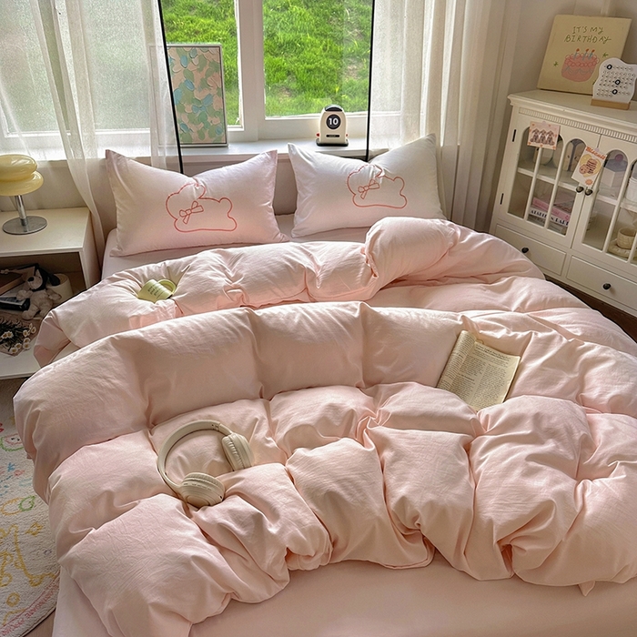 91家纺网 家纺一手货源 找家纺 老K (原美阁） 2025年新款水洗棉刺绣四件套学生季单人床宿舍三件套 兔兔