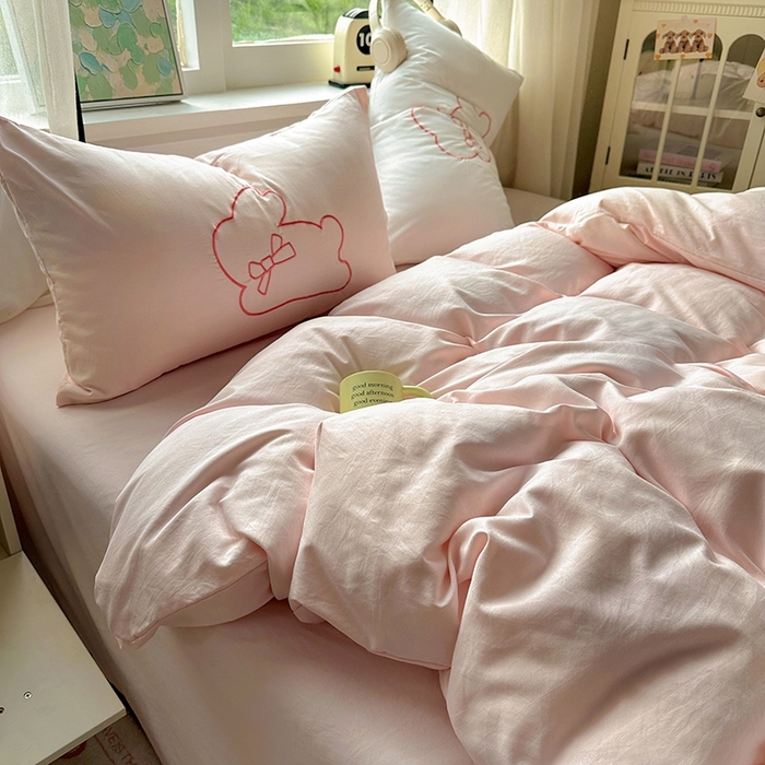 91家纺网 家纺一手货源 找家纺 老K (原美阁） 2025年新款水洗棉刺绣四件套学生季单人床宿舍三件套 兔兔