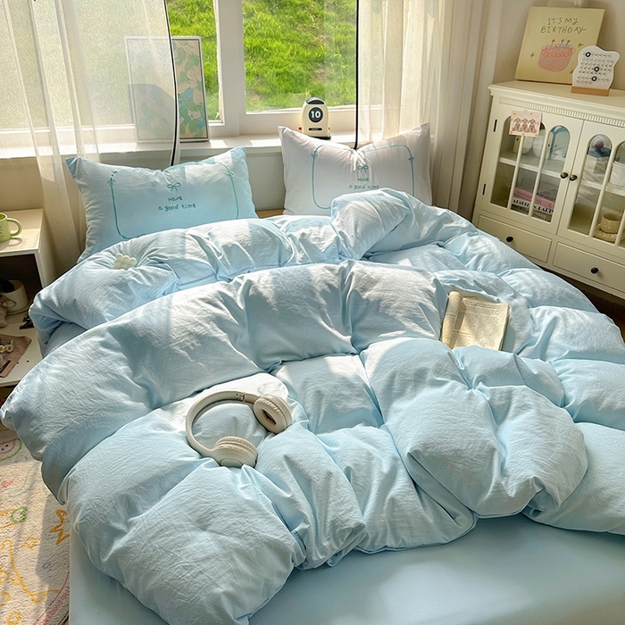 91家纺网 家纺一手货源 找家纺 老K (原美阁） 2025年新款水洗棉刺绣四件套学生季单人床宿舍三件套 晚安