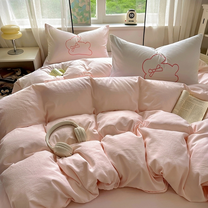 91家纺网 家纺一手货源 找家纺 老K (原美阁） 2025年新款水洗棉刺绣四件套学生季单人床宿舍三件套 兔兔