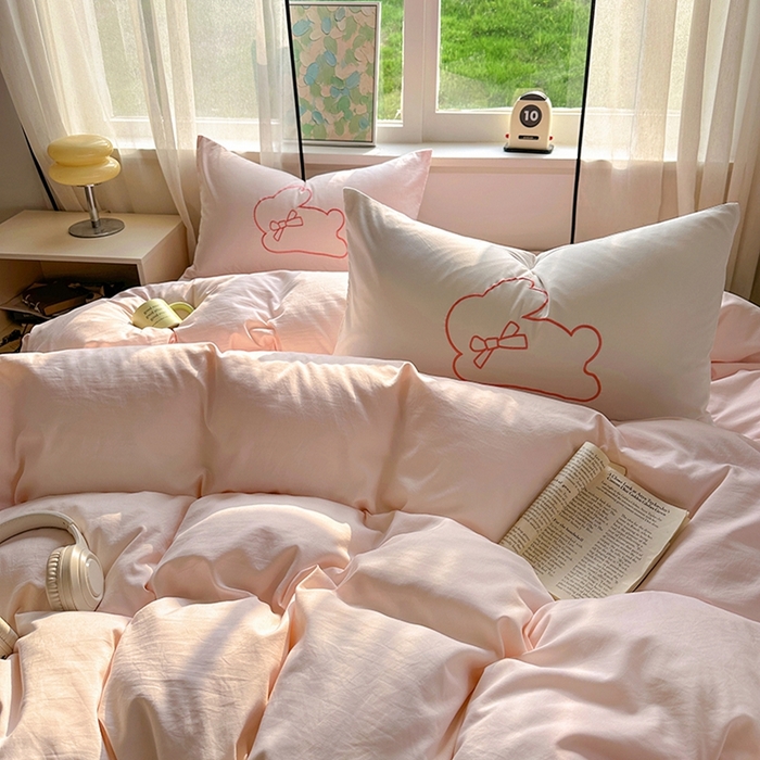 91家纺网 家纺一手货源 找家纺 老K (原美阁） 2025年新款水洗棉刺绣四件套学生季单人床宿舍三件套 兔兔