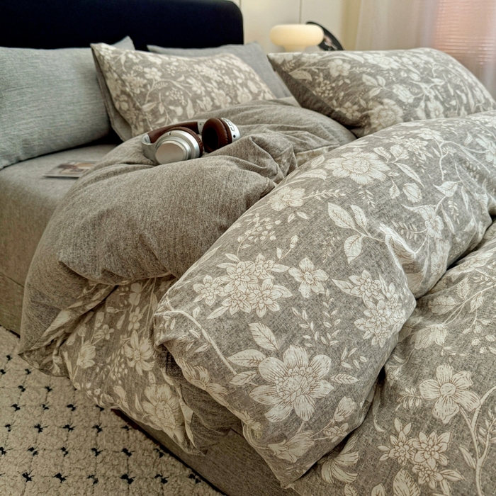 91家纺网 家纺一手货源 找家纺 金梦拉家纺 2025秋冬爆款新品高克重加厚原麻亚麻皱皱纱印花四件套 古茗