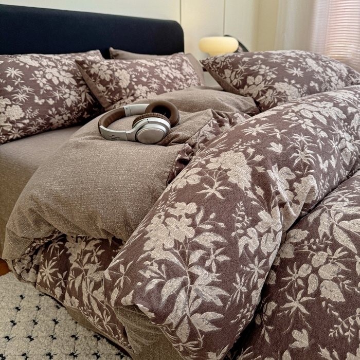 金梦拉家纺 2025秋冬爆款新品高克重加厚原麻亚麻皱皱纱印花四件套 枫林晚