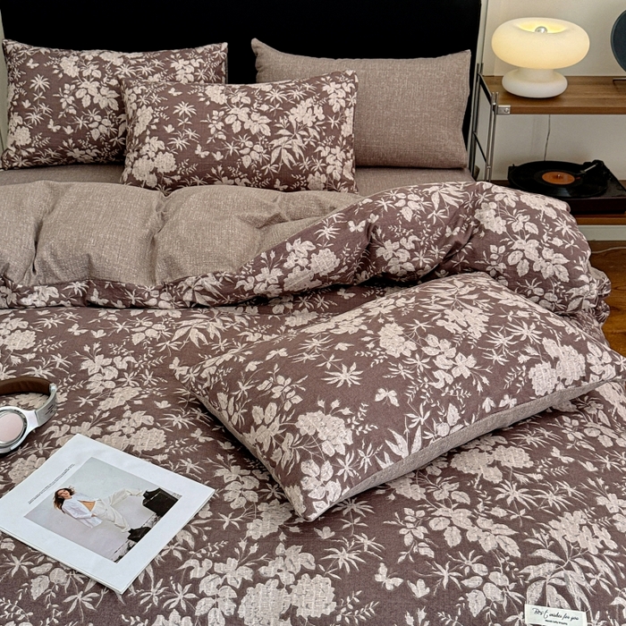 91家纺网 家纺一手货源 找家纺 金梦拉家纺 2025秋冬爆款新品高克重加厚原麻亚麻皱皱纱印花四件套 枫林晚