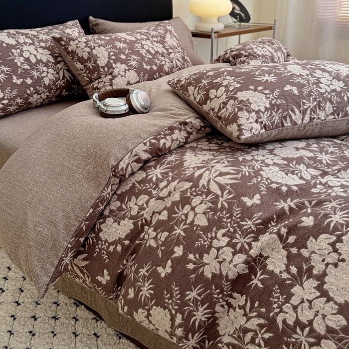 91家纺网 家纺一手货源 找家纺 金梦拉家纺 2025秋冬爆款新品高克重加厚原麻亚麻皱皱纱印花四件套 枫林晚