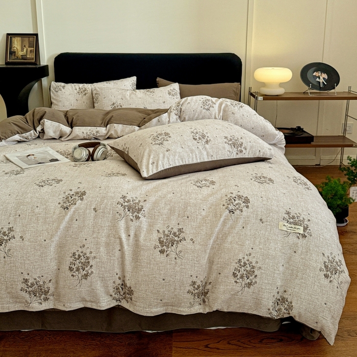 91家纺网 家纺一手货源 找家纺 金梦拉家纺 2025秋冬爆款新品高克重加厚原麻亚麻皱皱纱印花四件套 复古花