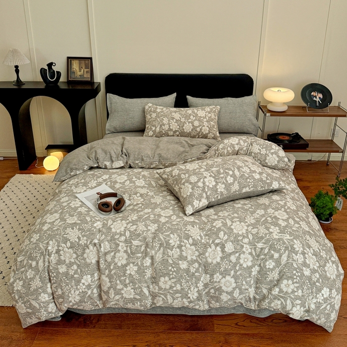 91家纺网 家纺一手货源 找家纺 金梦拉家纺 2025秋冬爆款新品高克重加厚原麻亚麻皱皱纱印花四件套 古茗