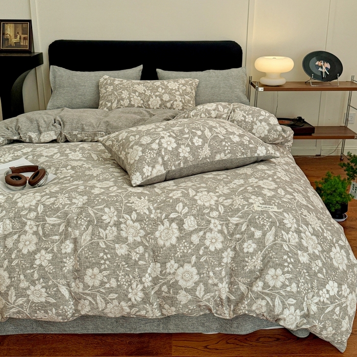 91家纺网 家纺一手货源 找家纺 金梦拉家纺 2025秋冬爆款新品高克重加厚原麻亚麻皱皱纱印花四件套 古茗