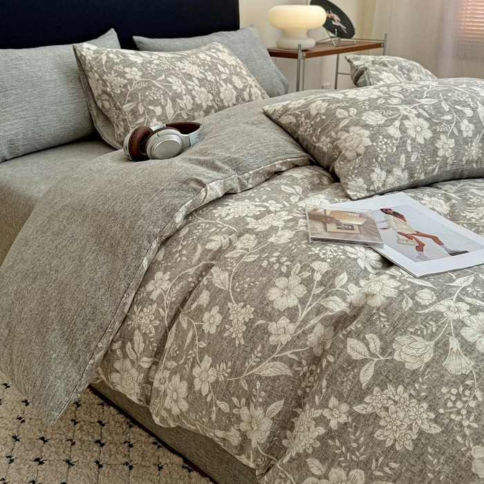 91家纺网 家纺一手货源 找家纺 金梦拉家纺 2025秋冬爆款新品高克重加厚原麻亚麻皱皱纱印花四件套 古茗