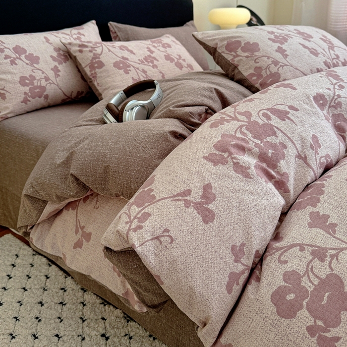 金梦拉家纺 2025秋冬爆款新品高克重加厚原麻亚麻皱皱纱印花四件套 花颜